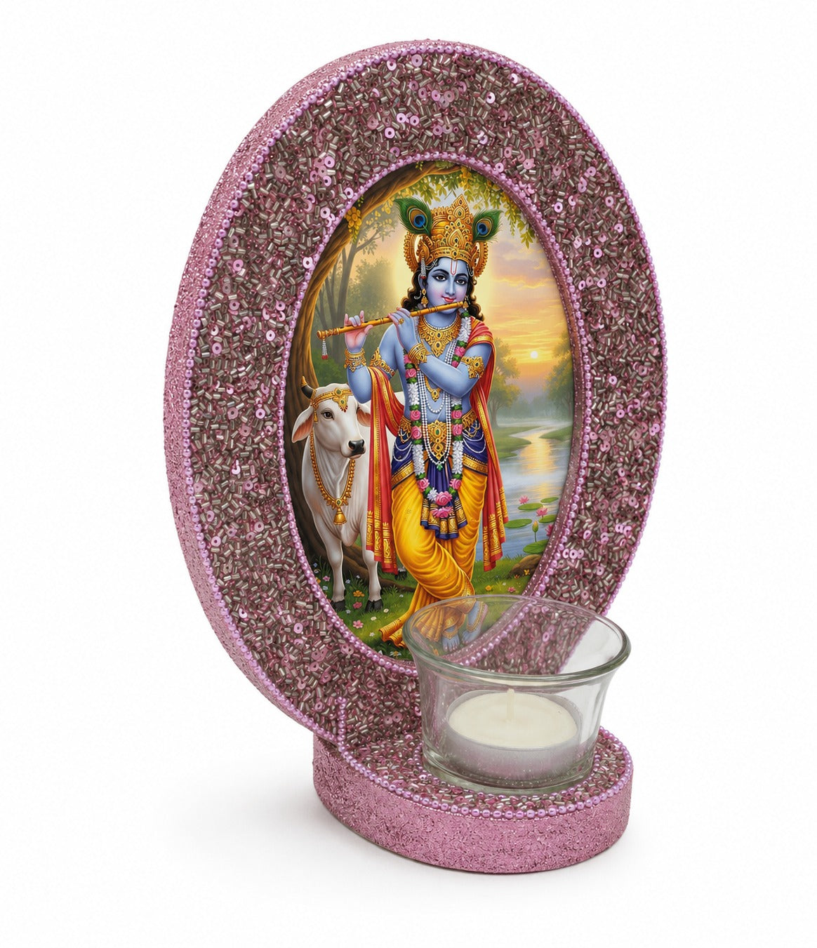 Handcrafted Lord Krishna Tealight Candle Holder (Pink & Gold)