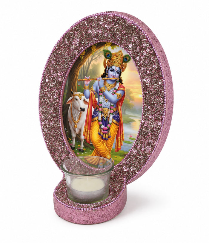 Handcrafted Lord Krishna Tealight Candle Holder (Pink & Gold)