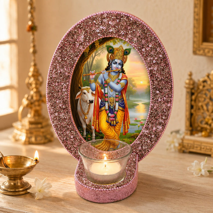 Handcrafted Lord Krishna Tealight Candle Holder (Pink & Gold)