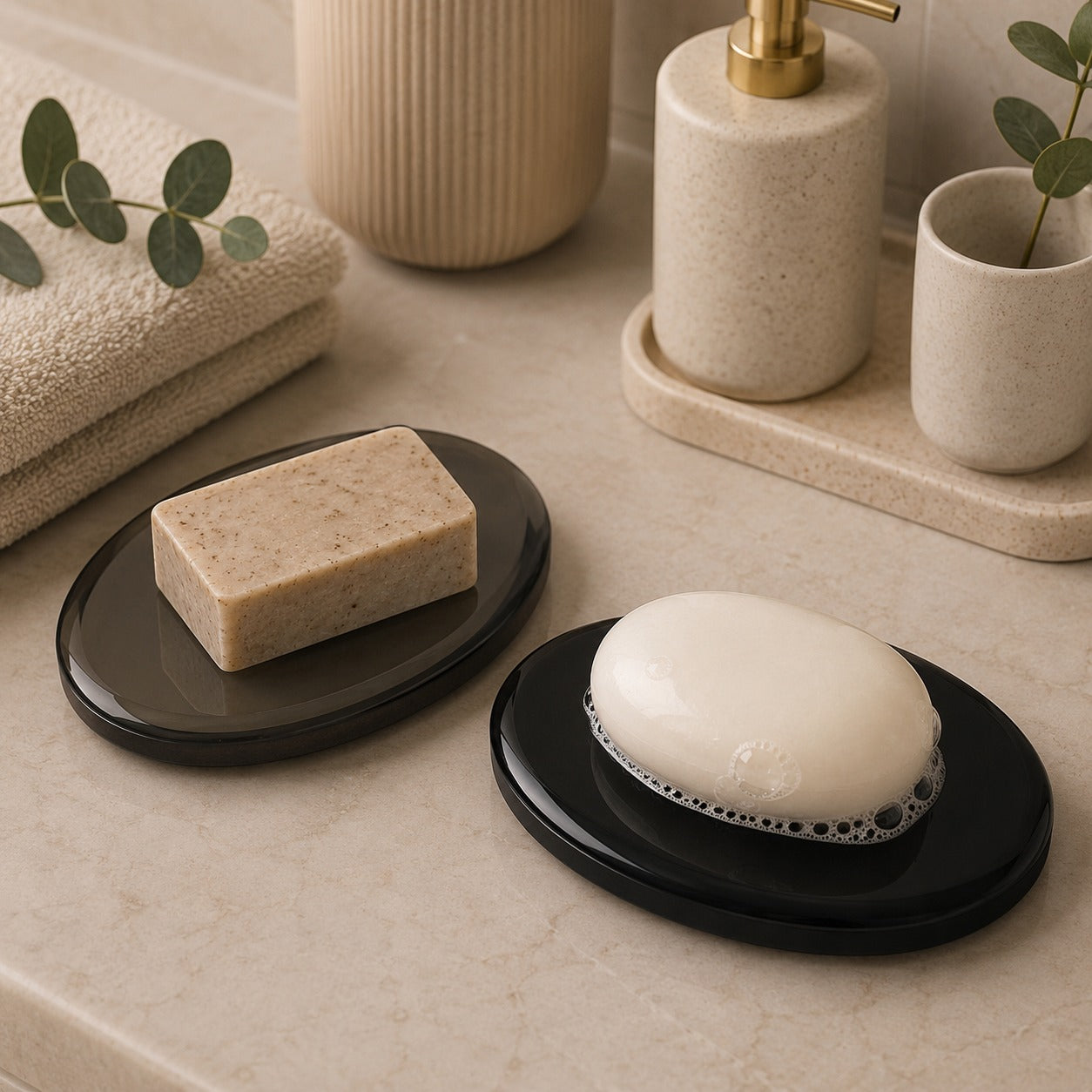 Oval Glass Soap Dish Set – Bronze Mirror & Glossy Black (Set of 2)