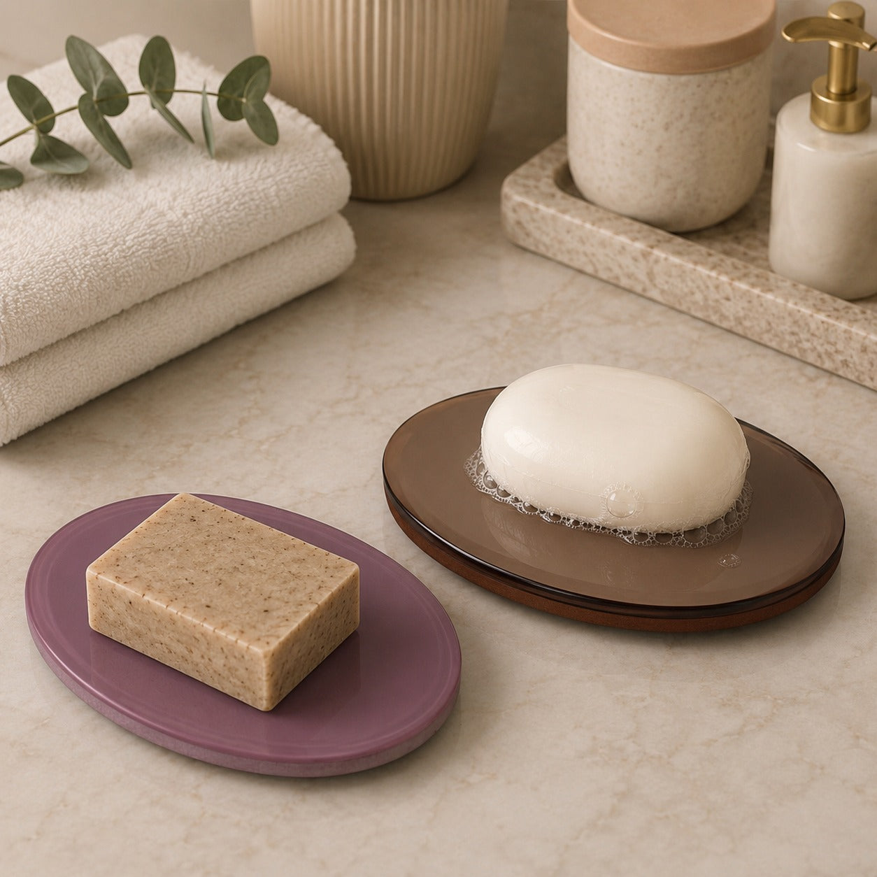 Round Ceramic & Bronze Mirror Soap Dish – Mauve Matte & Bronze Glass (Set of 2)