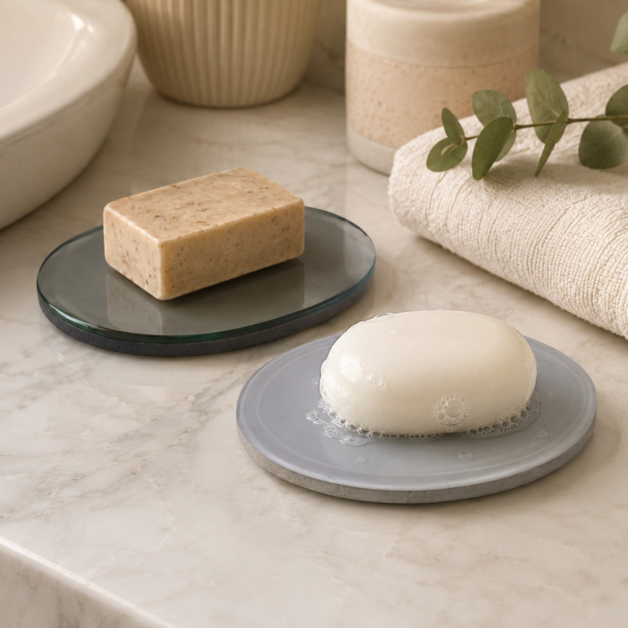 Oval Glass Soap Dish Set – Bronze Mirror & Glossy White (Set of 2)