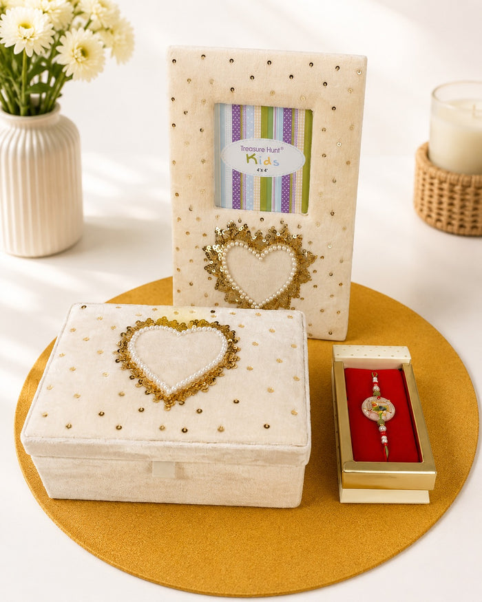 Heart Design Hand-Embroidered Rakhi Hamper