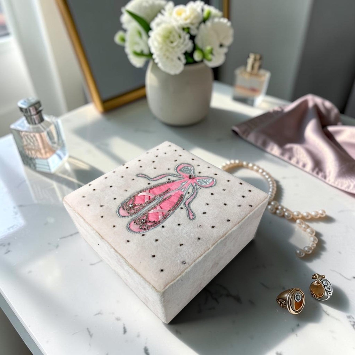 Treasure Hunt Velvet Jewellery Storage Box with Ballet Shoe Embroidery