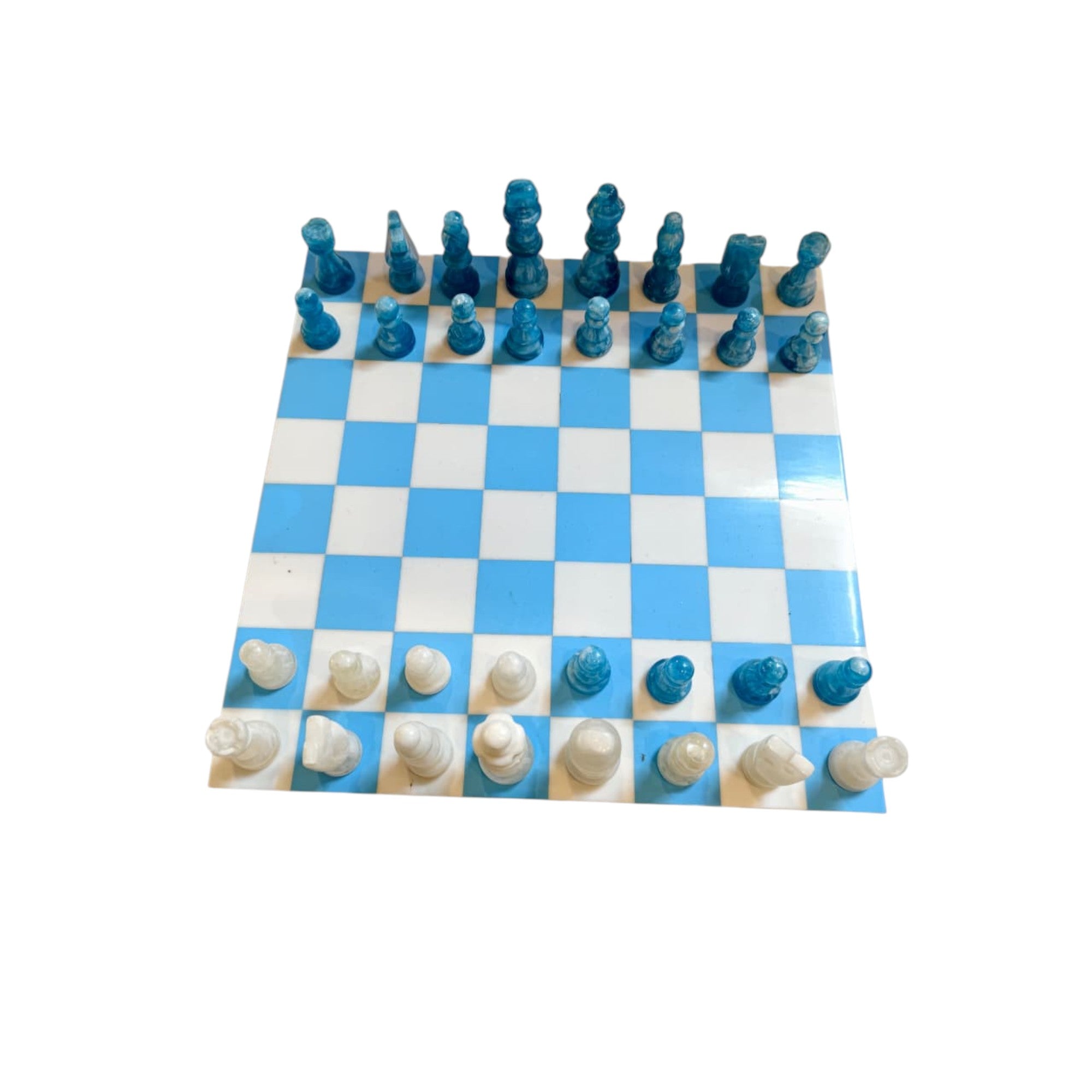 Handcrafted Resin Chess Set – Blue & White Checkered Board with Ocean Blue & Ivory Pieces