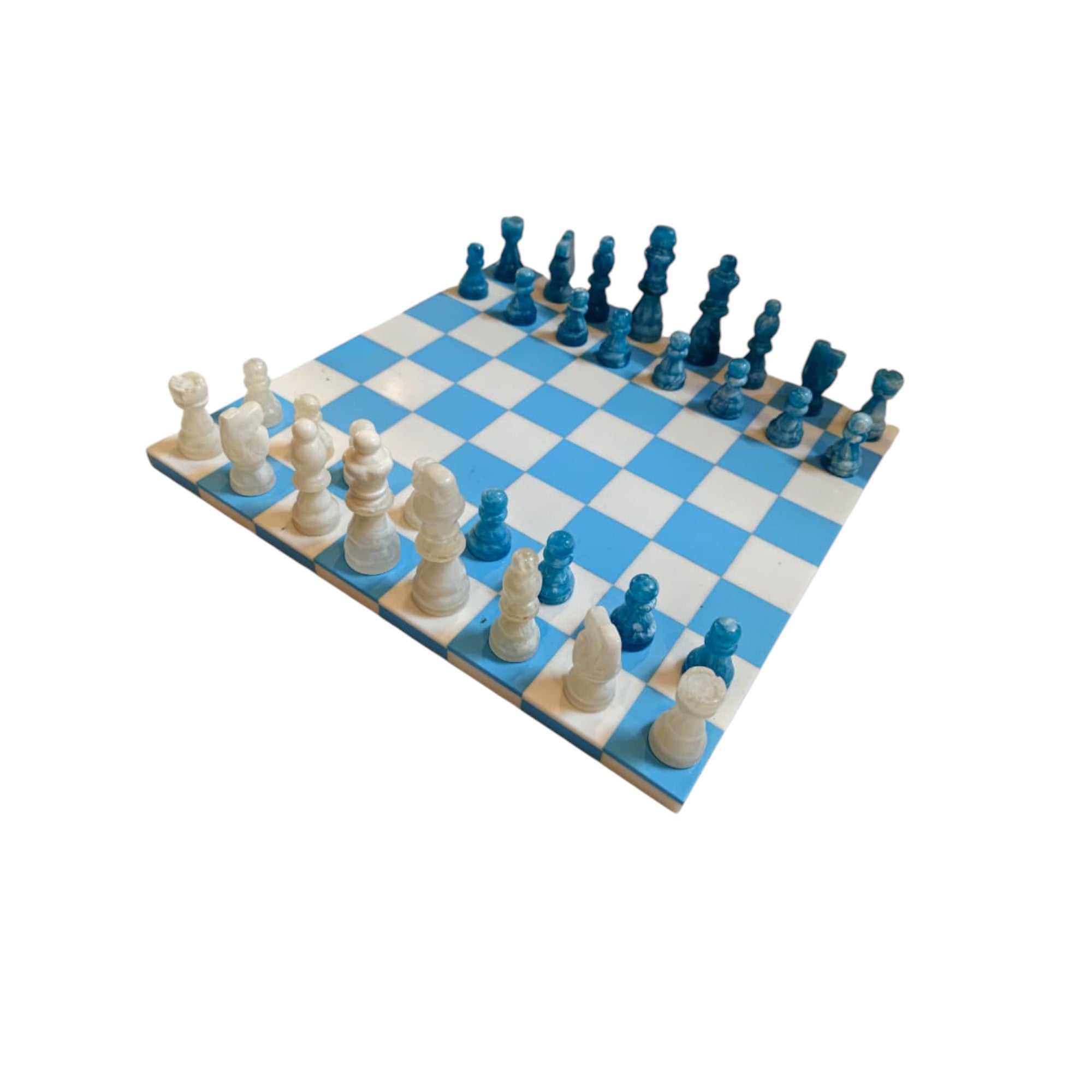 Handcrafted Resin Chess Set – Blue & White Checkered Board with Ocean Blue & Ivory Pieces