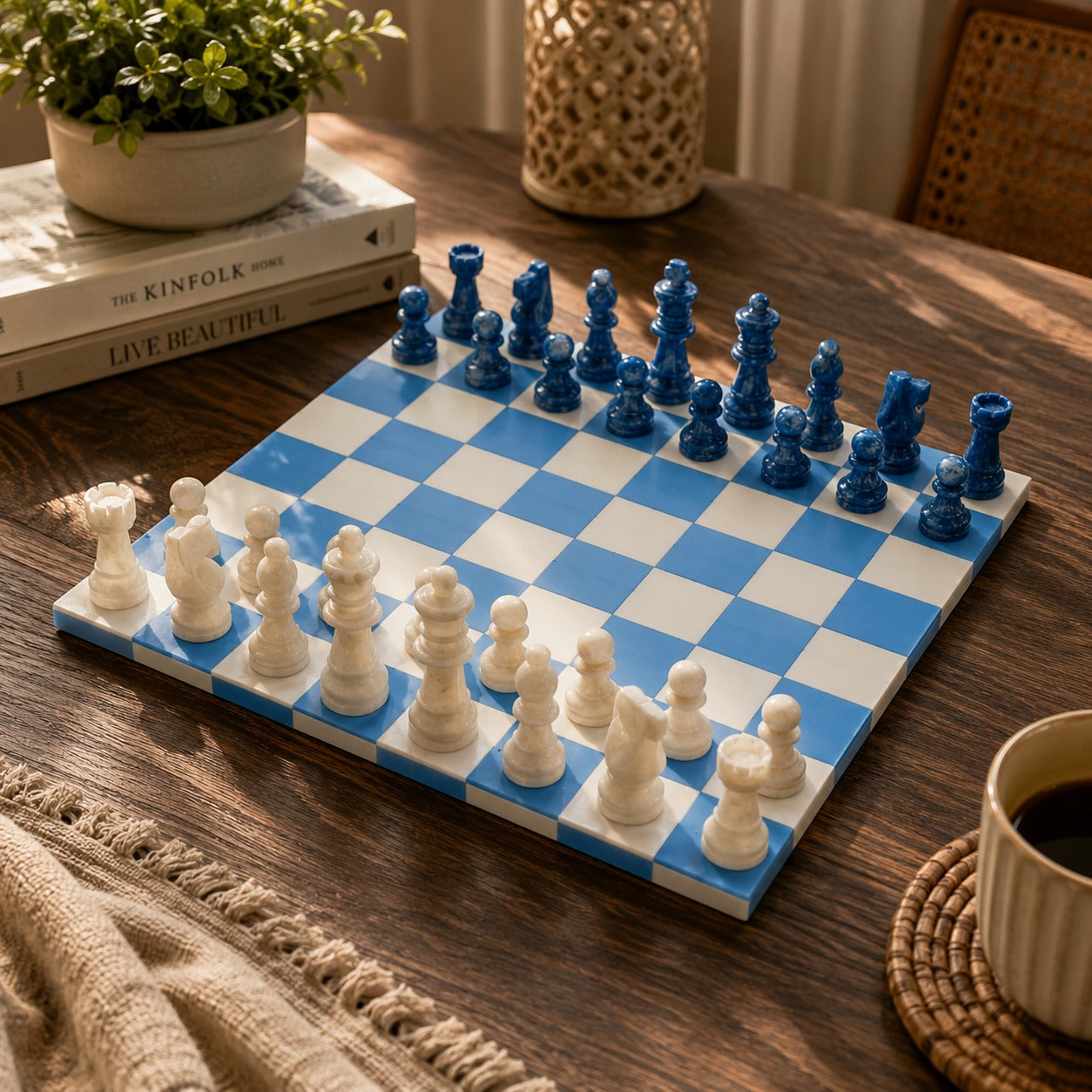 Handcrafted Resin Chess Set – Blue & White Checkered Board with Ocean Blue & Ivory Pieces