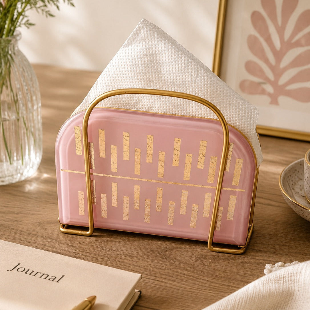 Elegant Pink & Gold Metal Tissue Holder – Decorative Napkin Stand for Dining Table