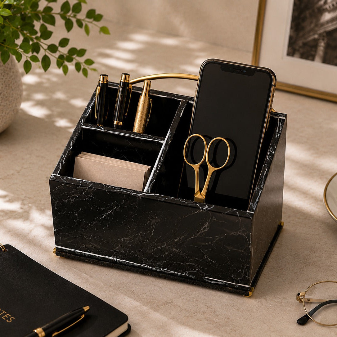 Black Resin Stationery Holder with Gold Handle