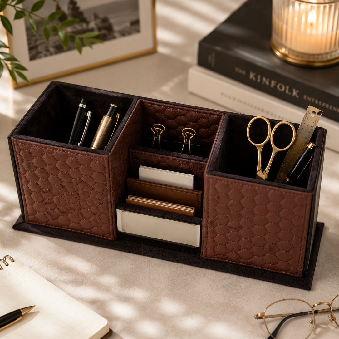 Premium Leather Desk Organizer – Multi-Compartment Office Supplies Holder