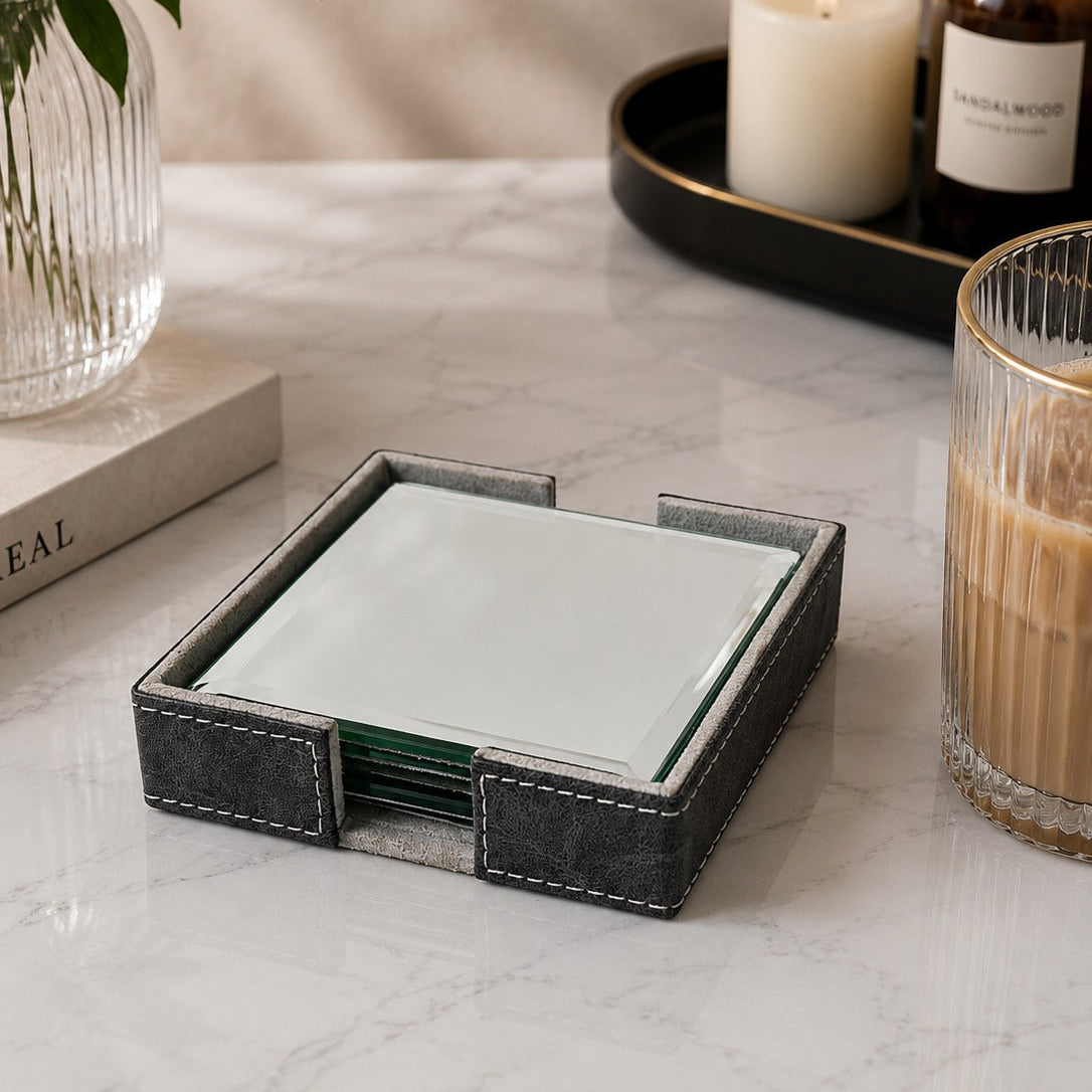 Glass Coaster Set with Grey Suede-Lined Faux Leather Holder – Set of 4 Square Coasters