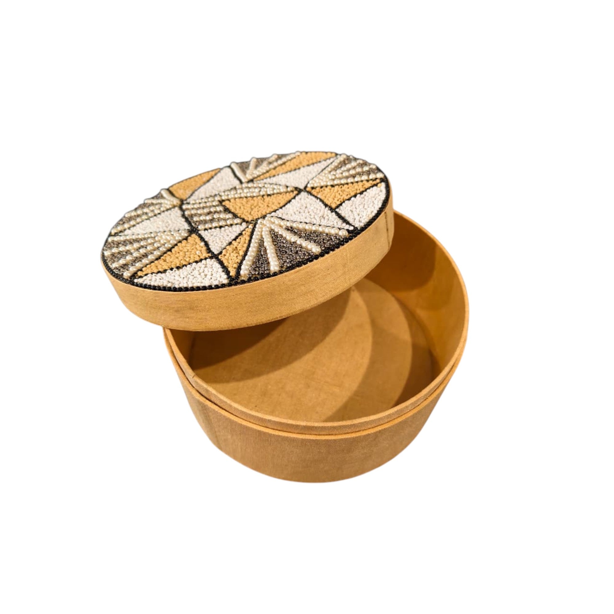 Handcrafted Geometric Beaded Round Jewellery Box