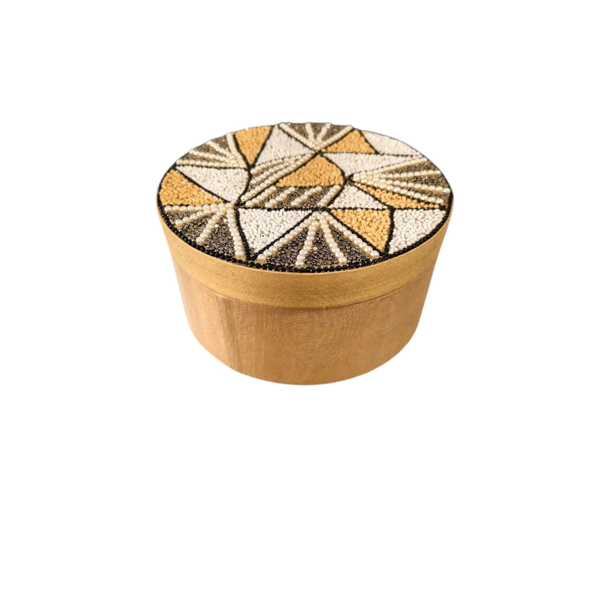 Handcrafted Geometric Beaded Round Jewellery Box