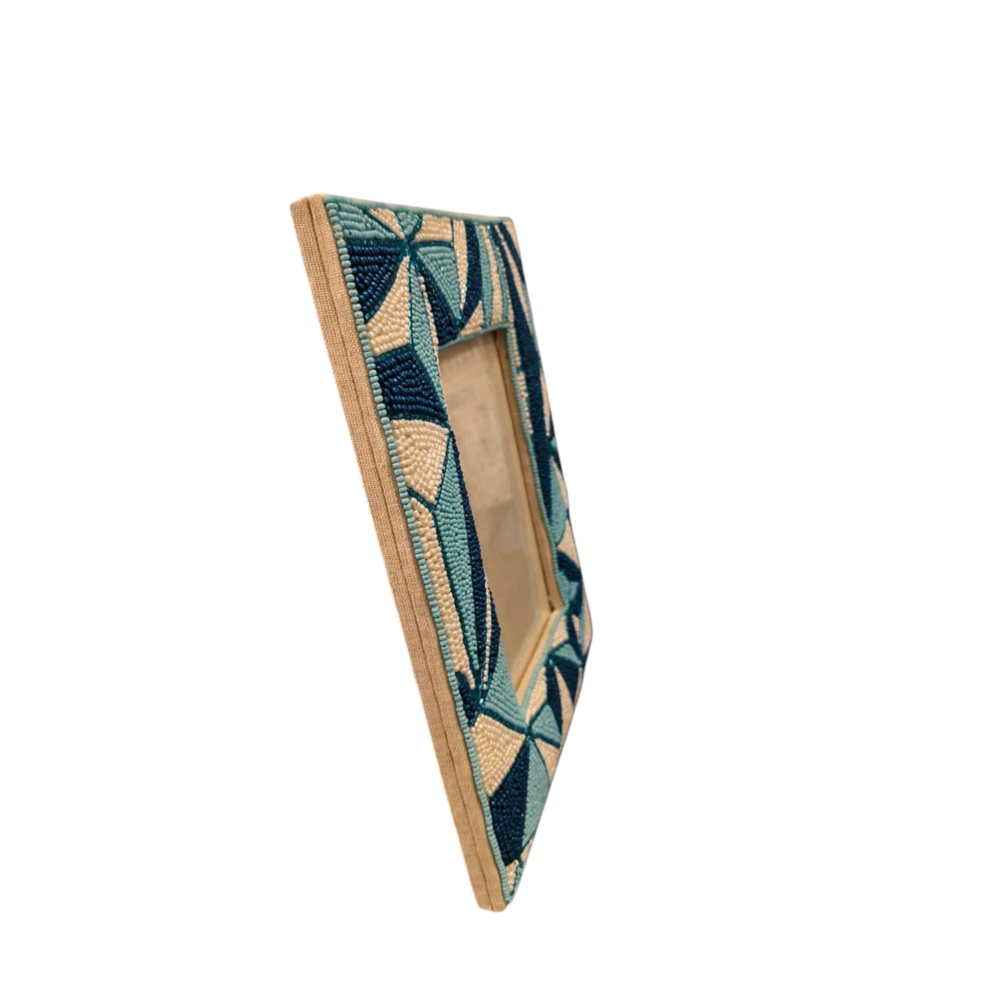 Handcrafted Geometric Beaded Photo Frame – Blue & Ivory