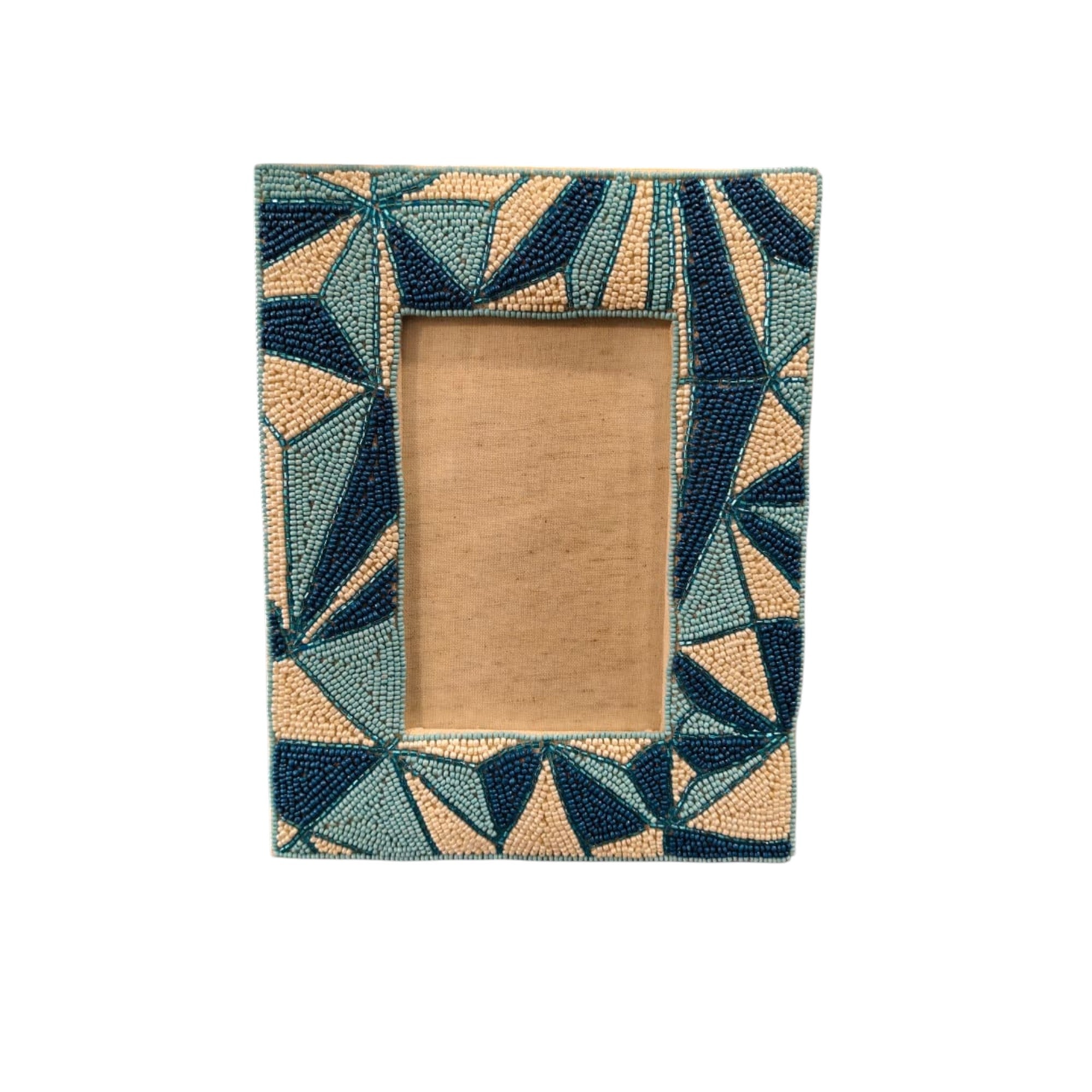 Handcrafted Geometric Beaded Photo Frame – Blue & Ivory