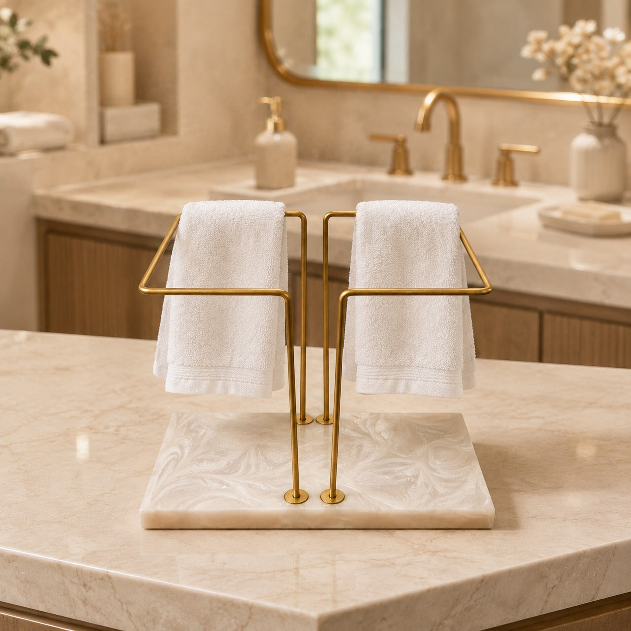Luxury Dual Towel Stand with Resin Base – Golden Metal Hand Towel Holder for Bathroom & Vanity