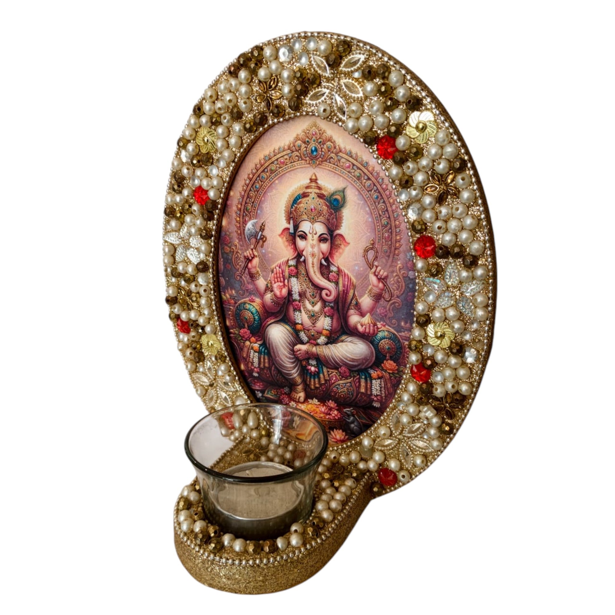 Lord Ganesha Decorative T-Light Holder with Red & Crystal Embellished Golden Frame