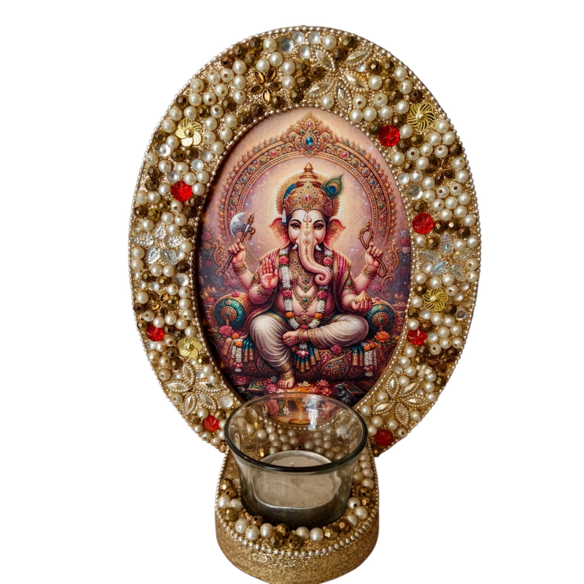Lord Ganesha Decorative T-Light Holder with Red & Crystal Embellished Golden Frame
