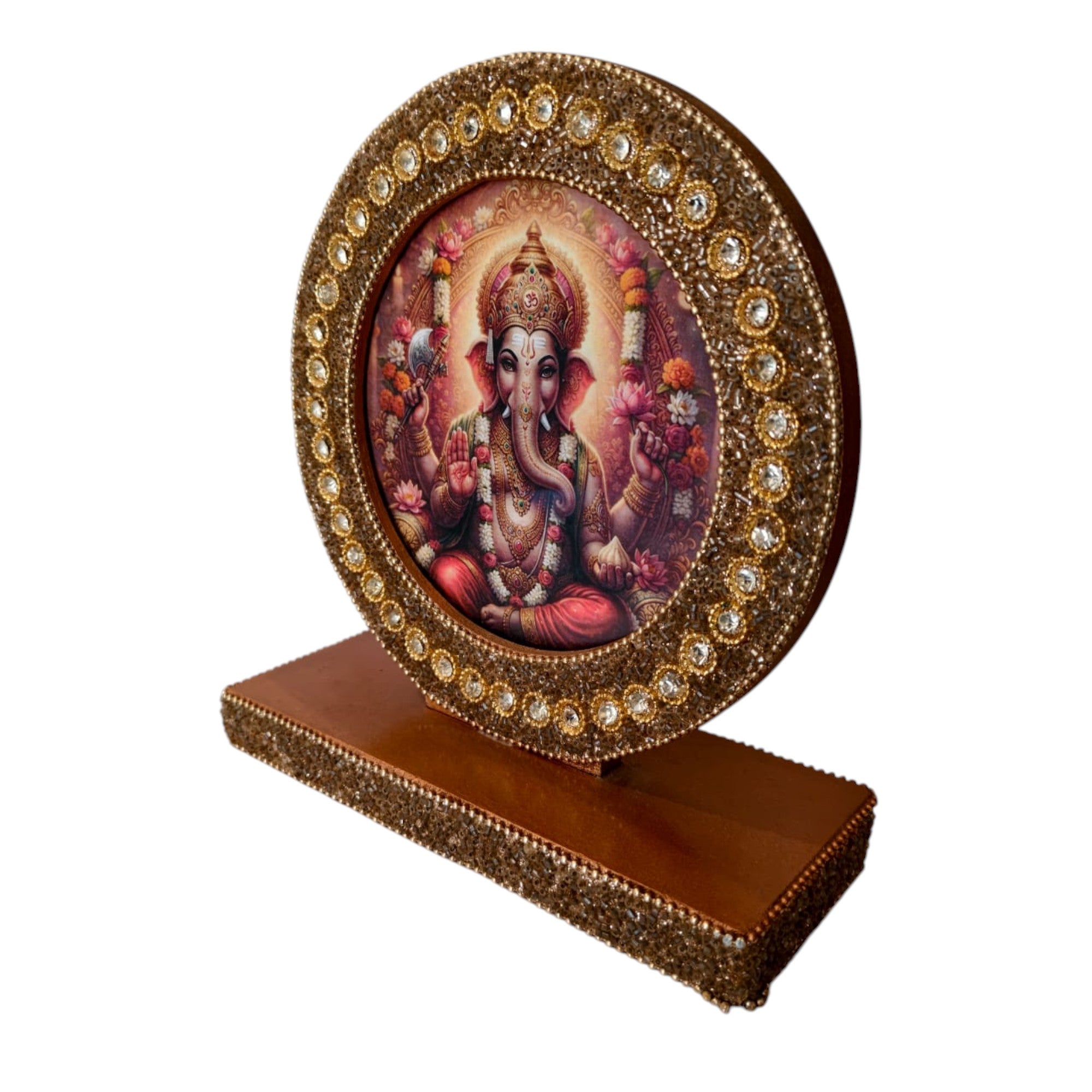 Premium Lord Ganesha Decorative Photo Frame with Crystal Embellished Golden Stand