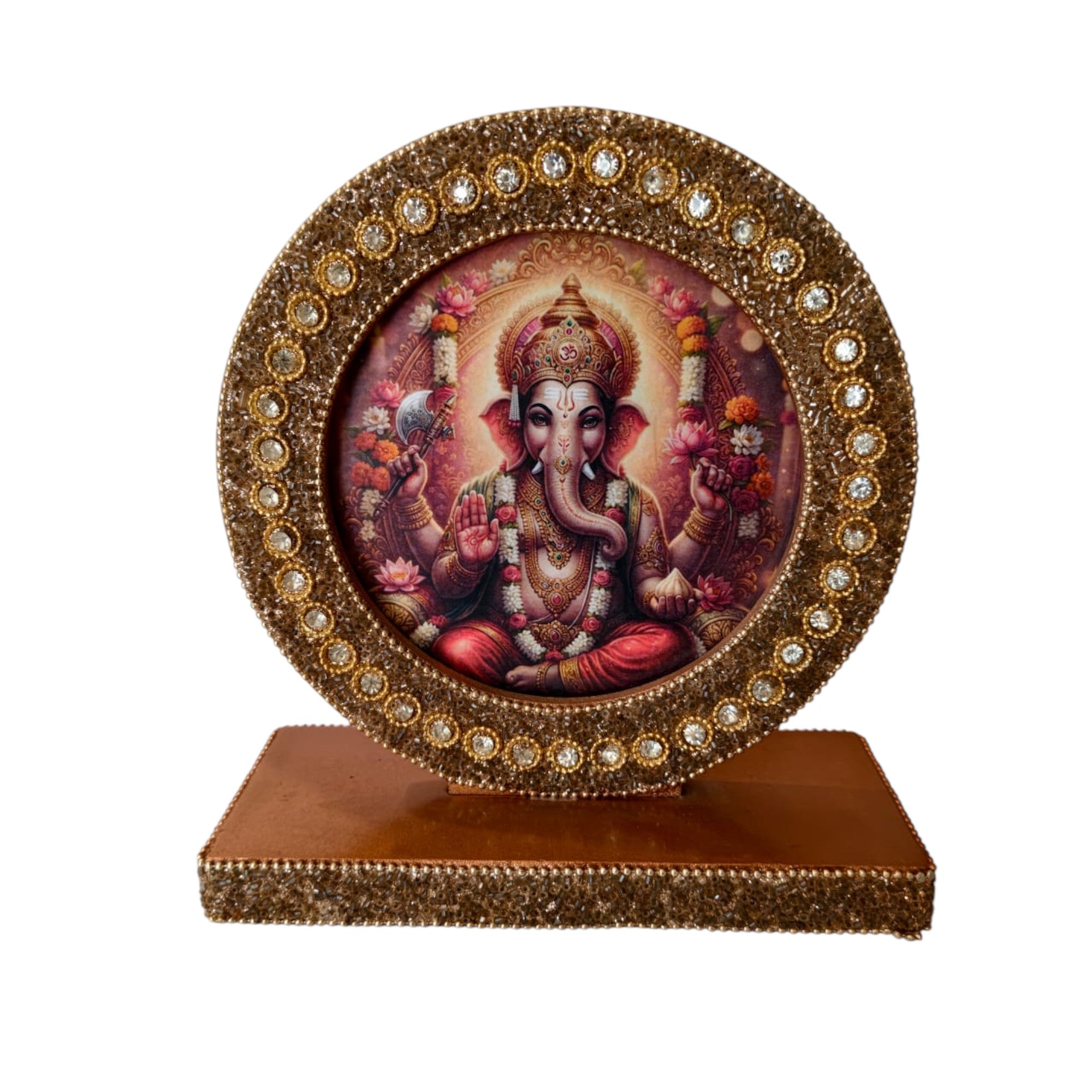 Premium Lord Ganesha Decorative Photo Frame with Crystal Embellished Golden Stand