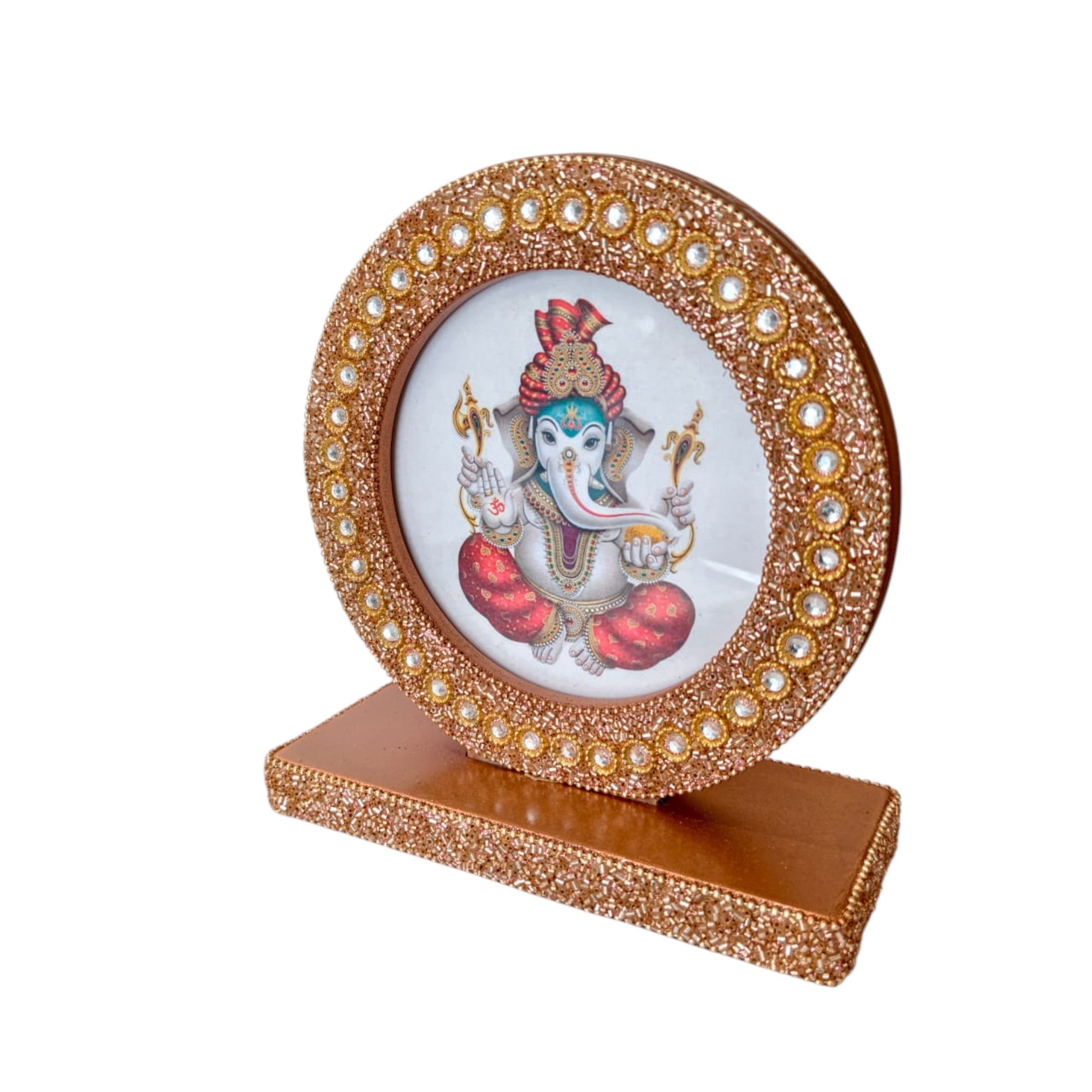 Lord Ganesha Decorative Photo Frame with Crystal Embellished Rose Gold Stand