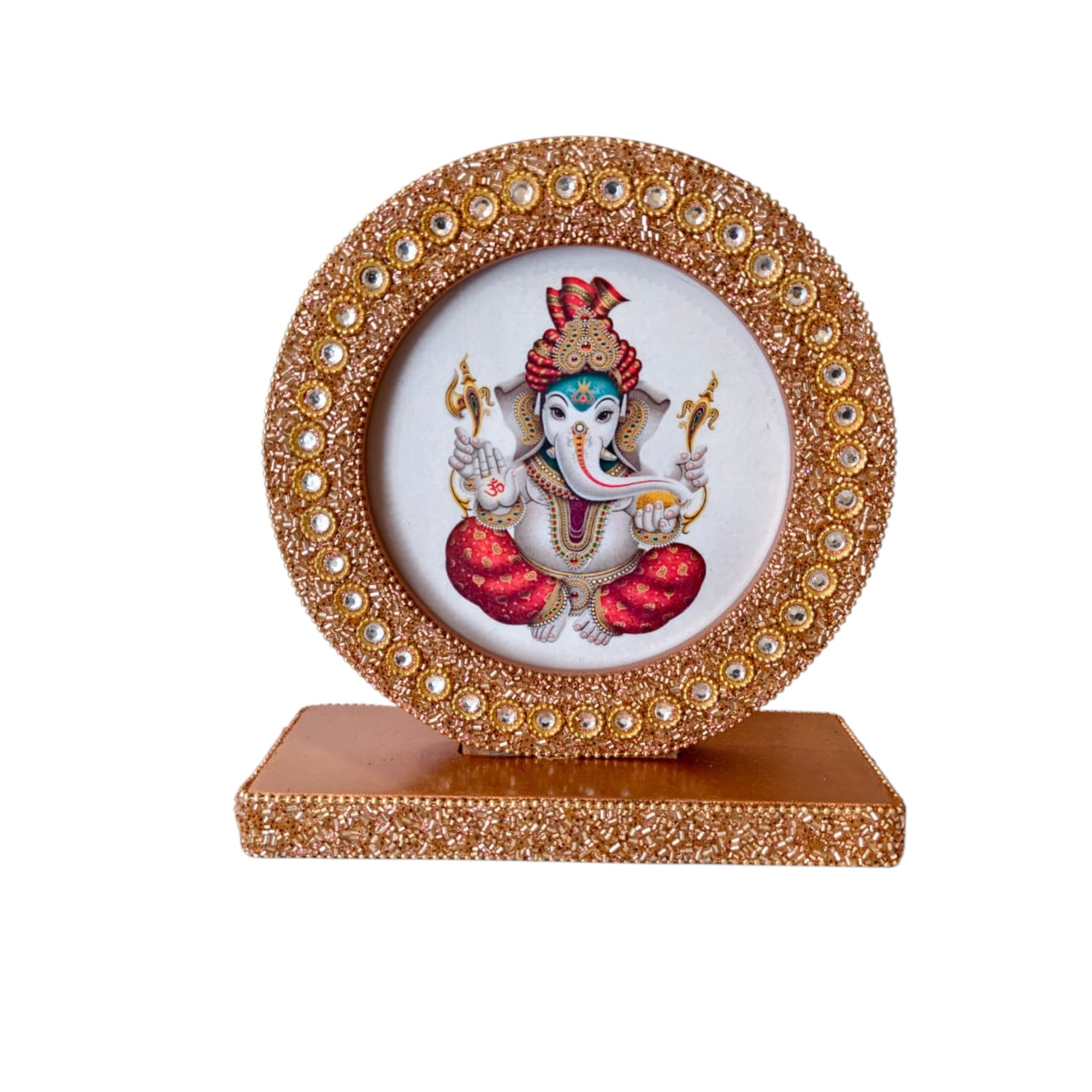 Lord Ganesha Decorative Photo Frame with Crystal Embellished Rose Gold Stand