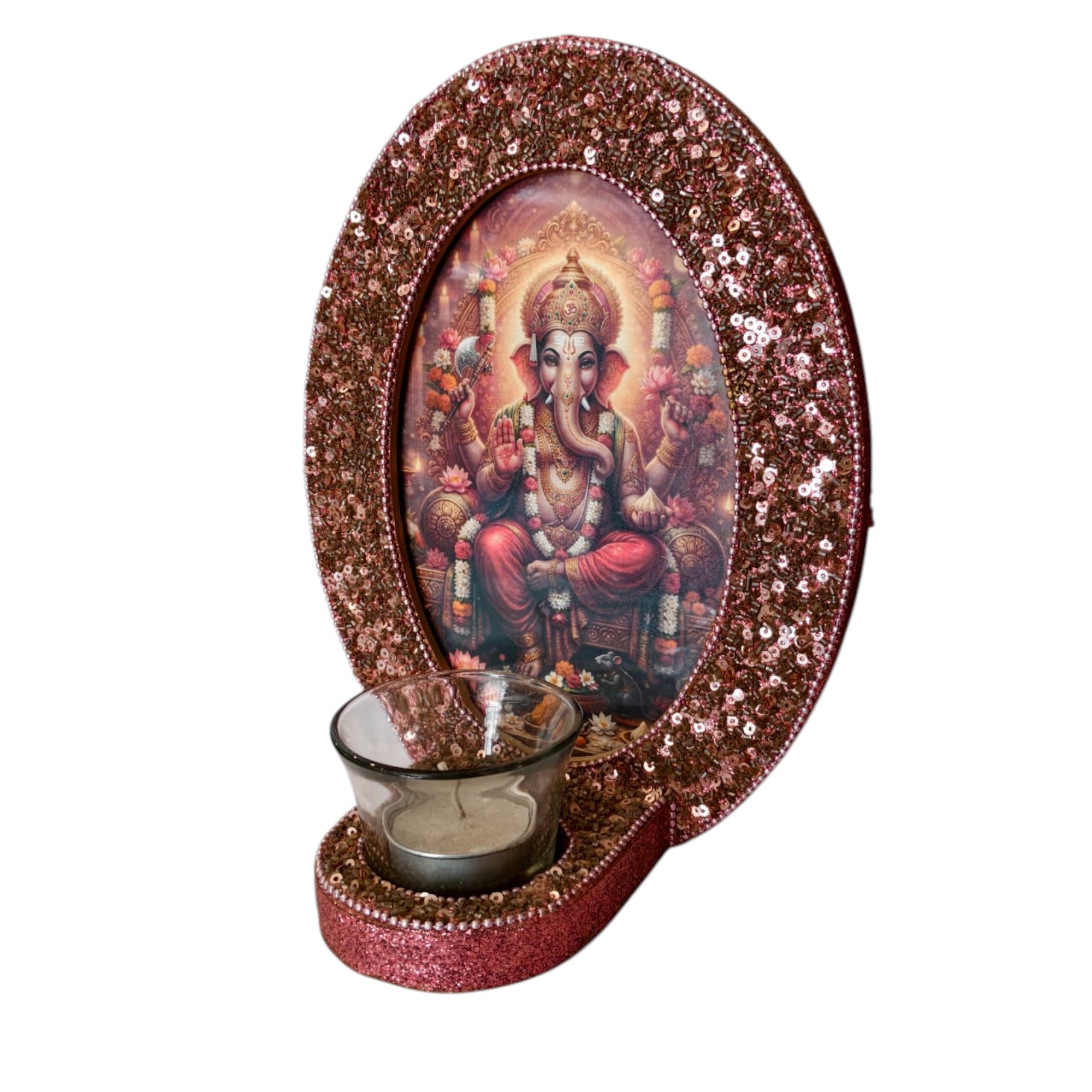 Lord Ganesha Decorative T-Light Holder with Rose Gold Sequin Frame