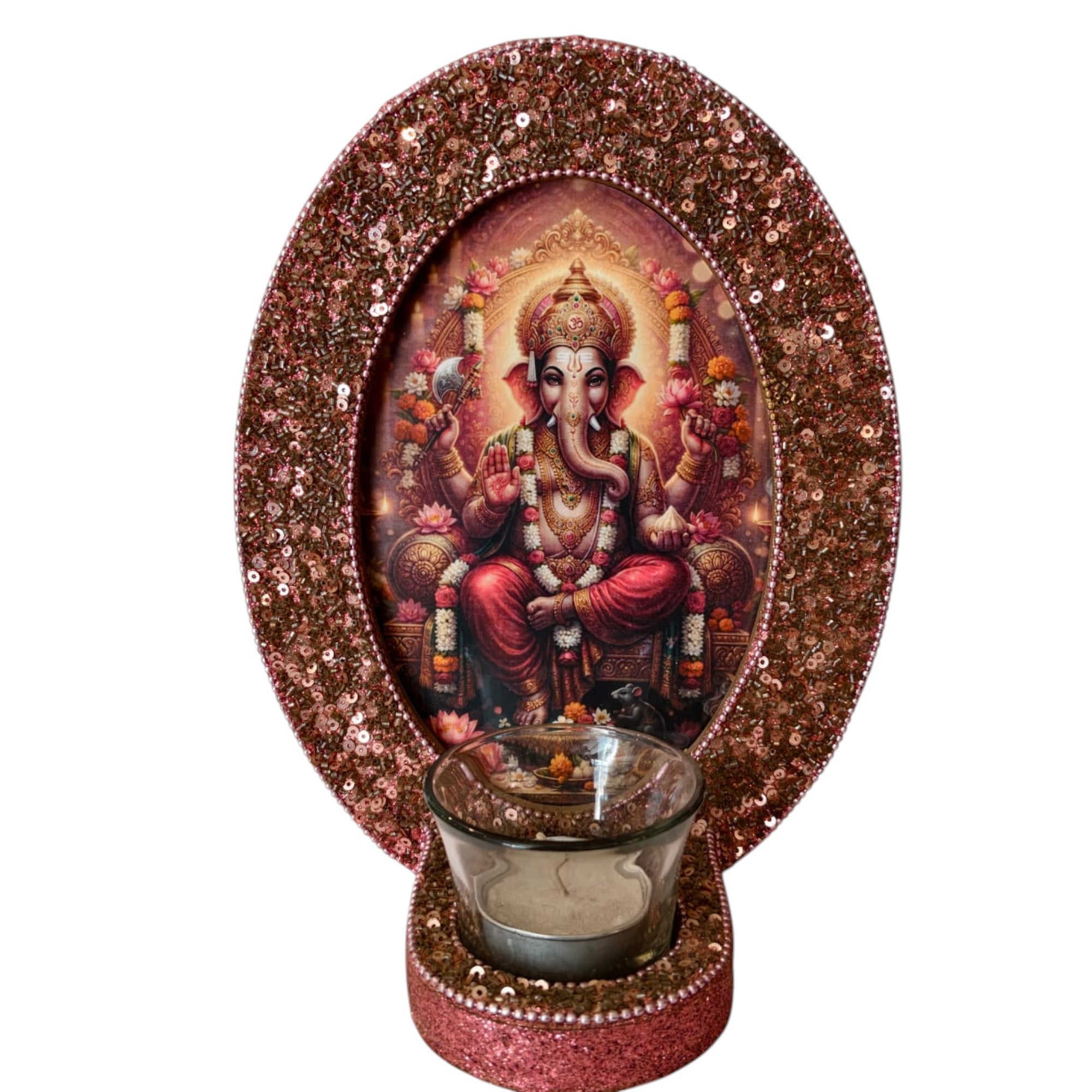 Lord Ganesha Decorative T-Light Holder with Rose Gold Sequin Frame