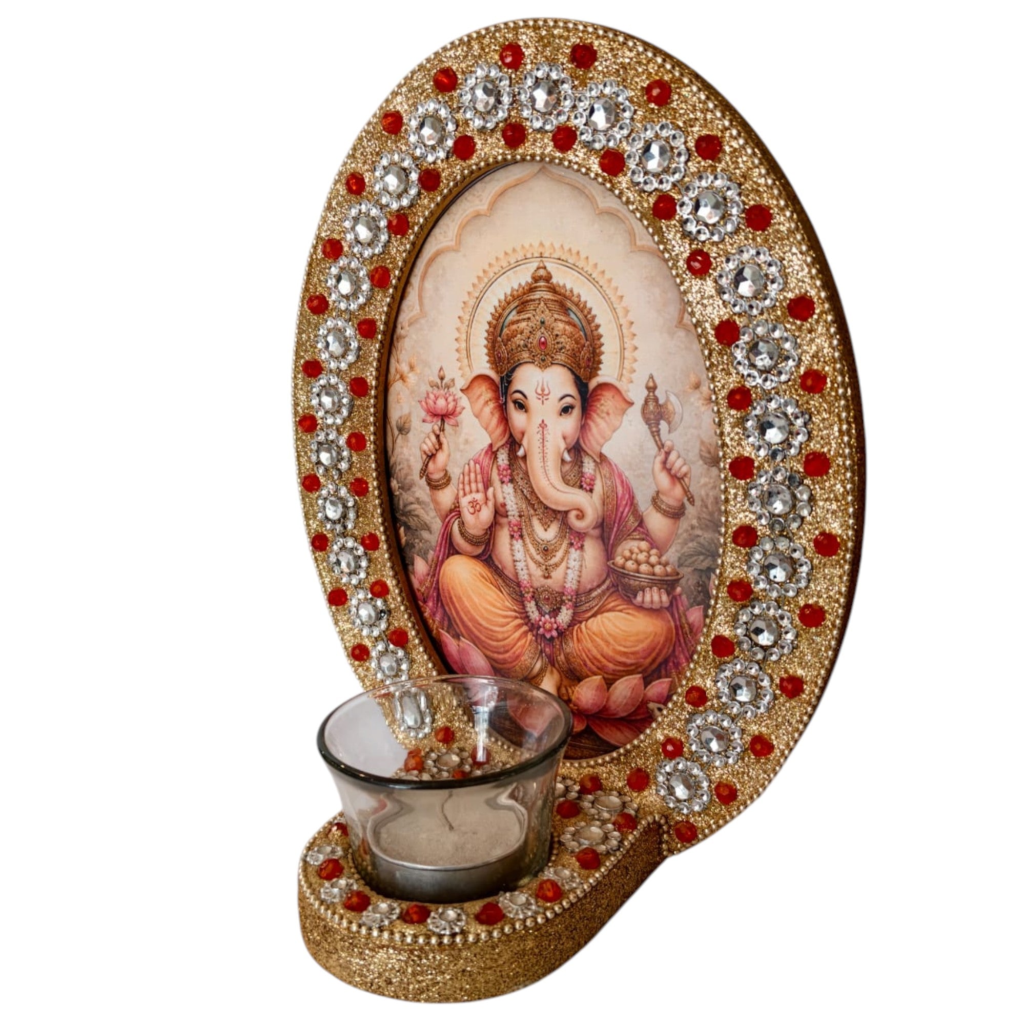 Lord Ganesha Decorative T-Light Holder with Red & Crystal Embellished Golden Frame