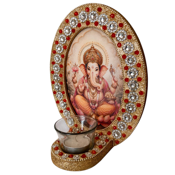 Lord Ganesha Decorative T-Light Holder with Red & Crystal Embellished Golden Frame