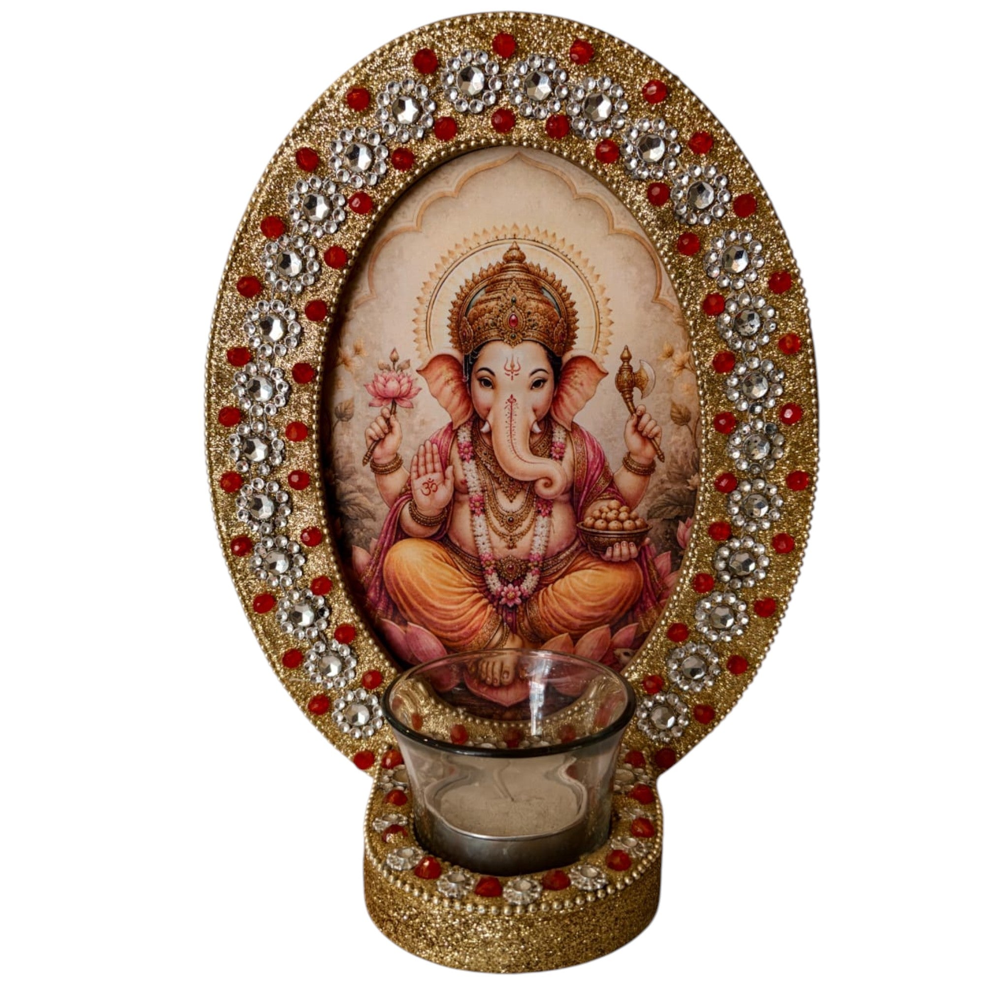 Lord Ganesha Decorative T-Light Holder with Red & Crystal Embellished Golden Frame