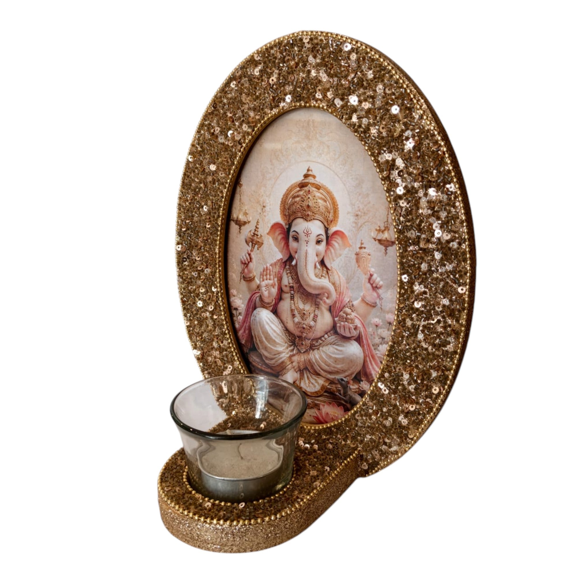 Lord Ganesha Decorative T-Light Holder with Golden Sequin Frame