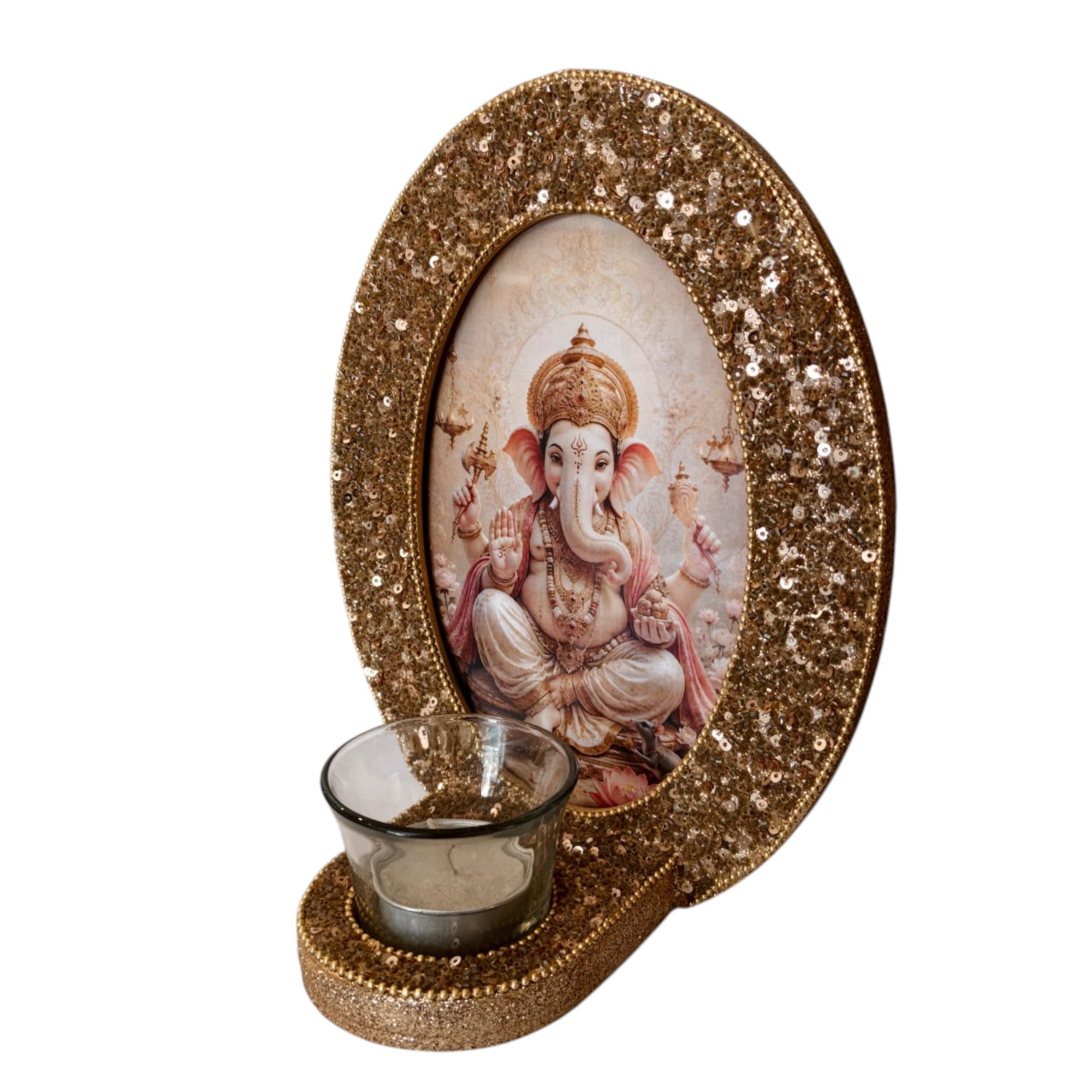 Lord Ganesha Decorative T-Light Holder with Golden Sequin Frame