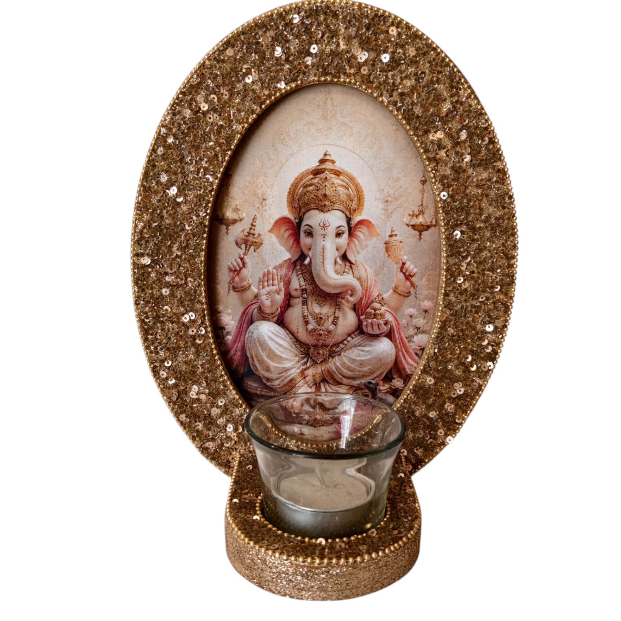 Lord Ganesha Decorative T-Light Holder with Golden Sequin Frame