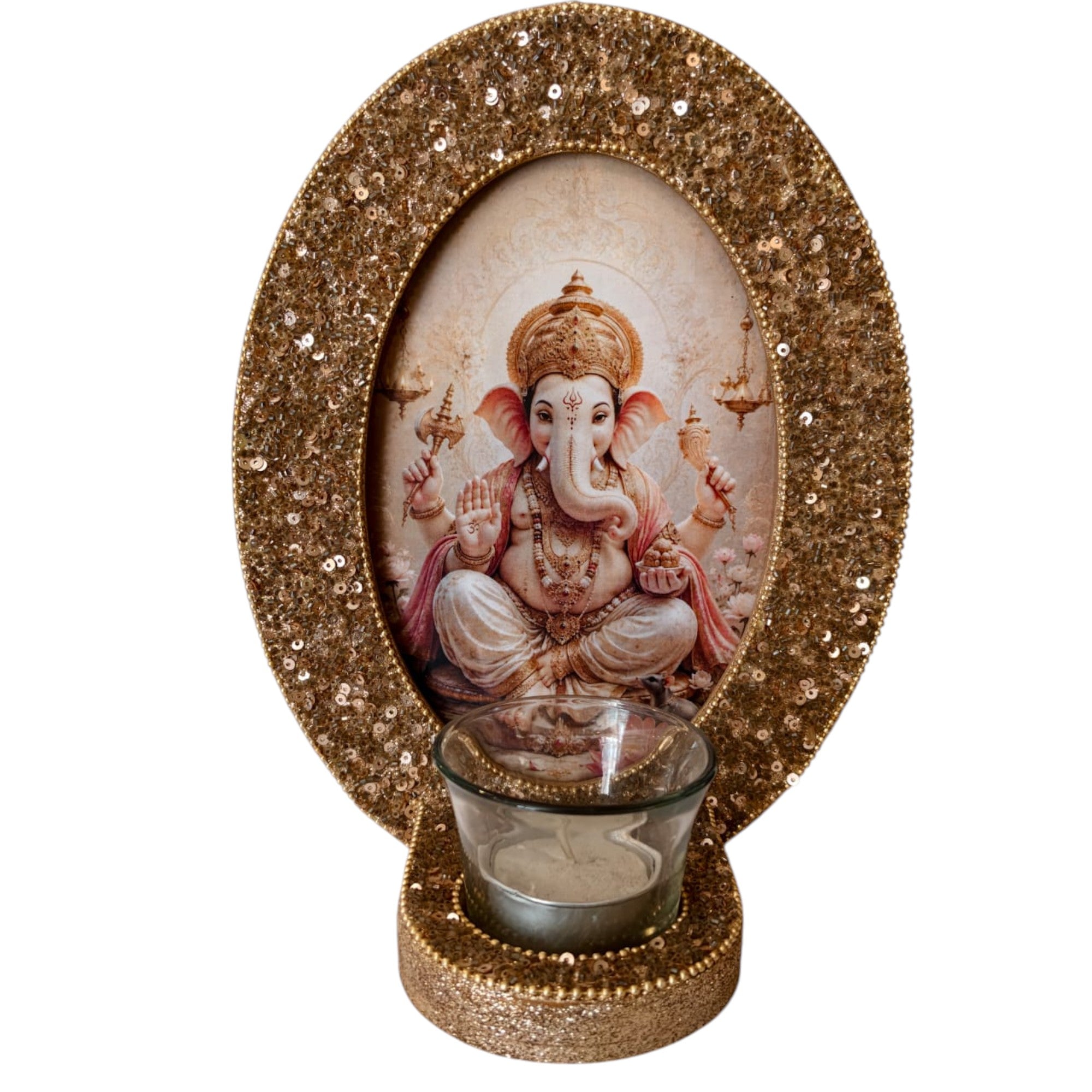 Lord Ganesha Decorative T-Light Holder with Golden Sequin Frame