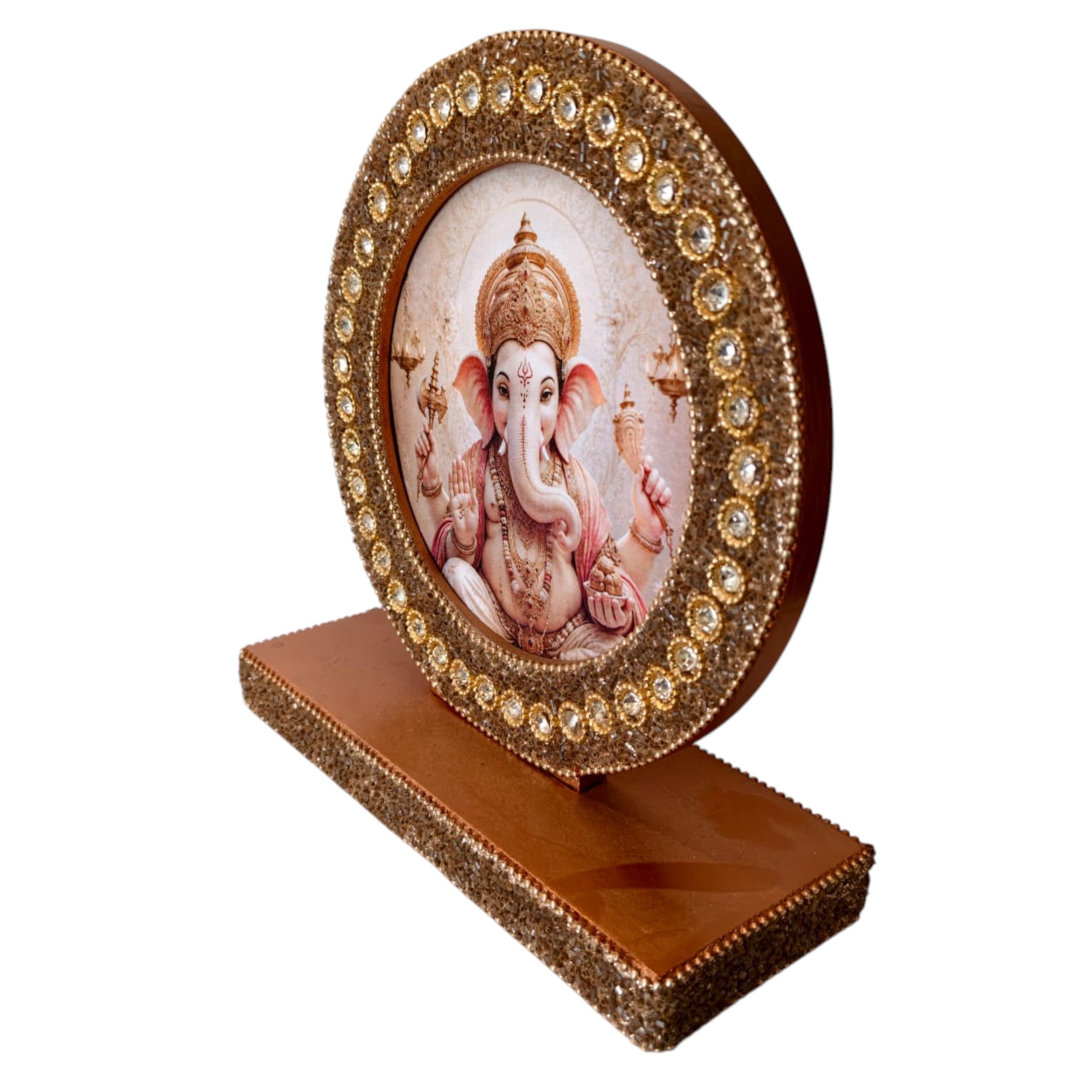 Premium Lord Ganesha Decorative Photo Frame with Crystal Embellished Golden Stand