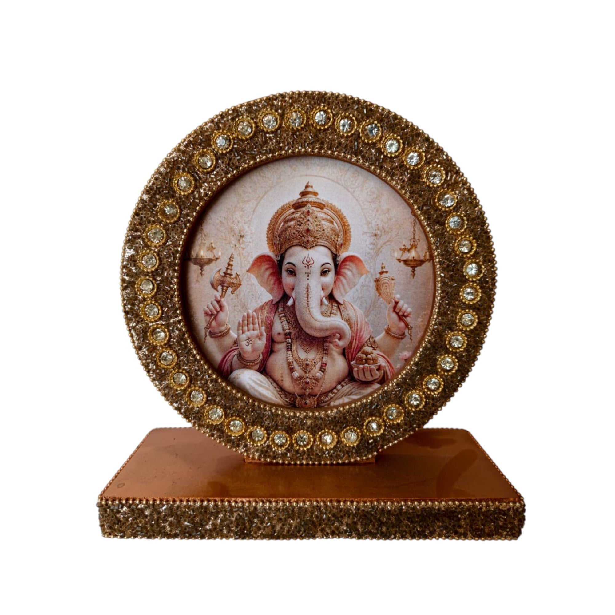 Premium Lord Ganesha Decorative Photo Frame with Crystal Embellished Golden Stand
