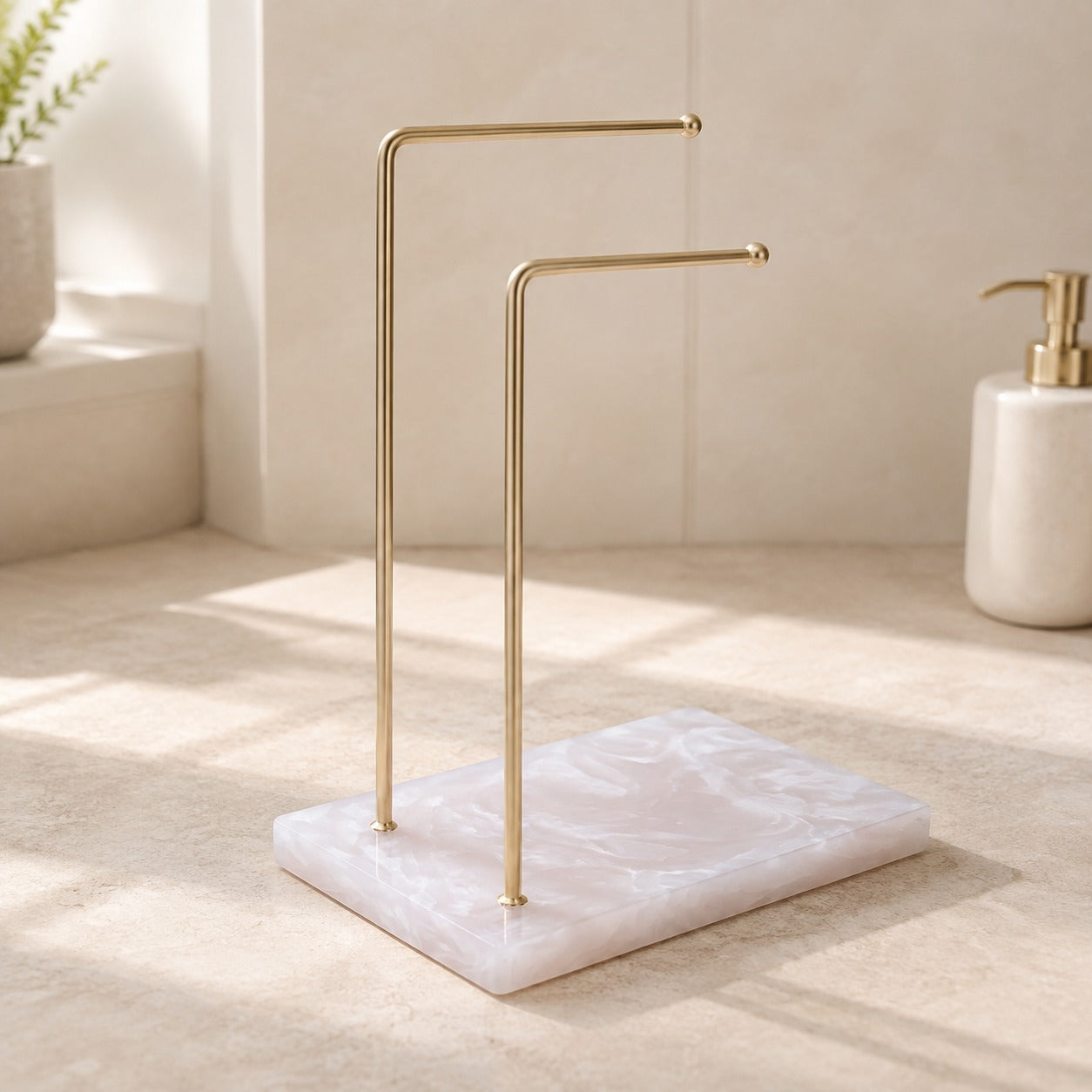  Luxury Dual Gold Metal Towel Stand With Ivory Resin Base 