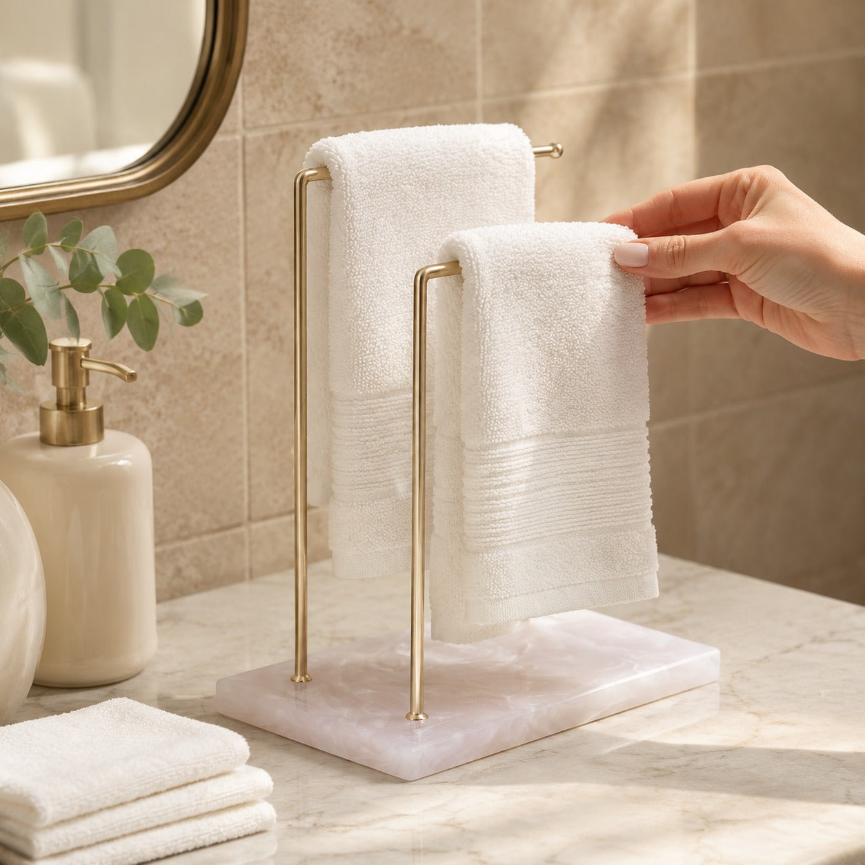 Luxury Dual Gold Metal Towel Stand With Ivory Resin Base