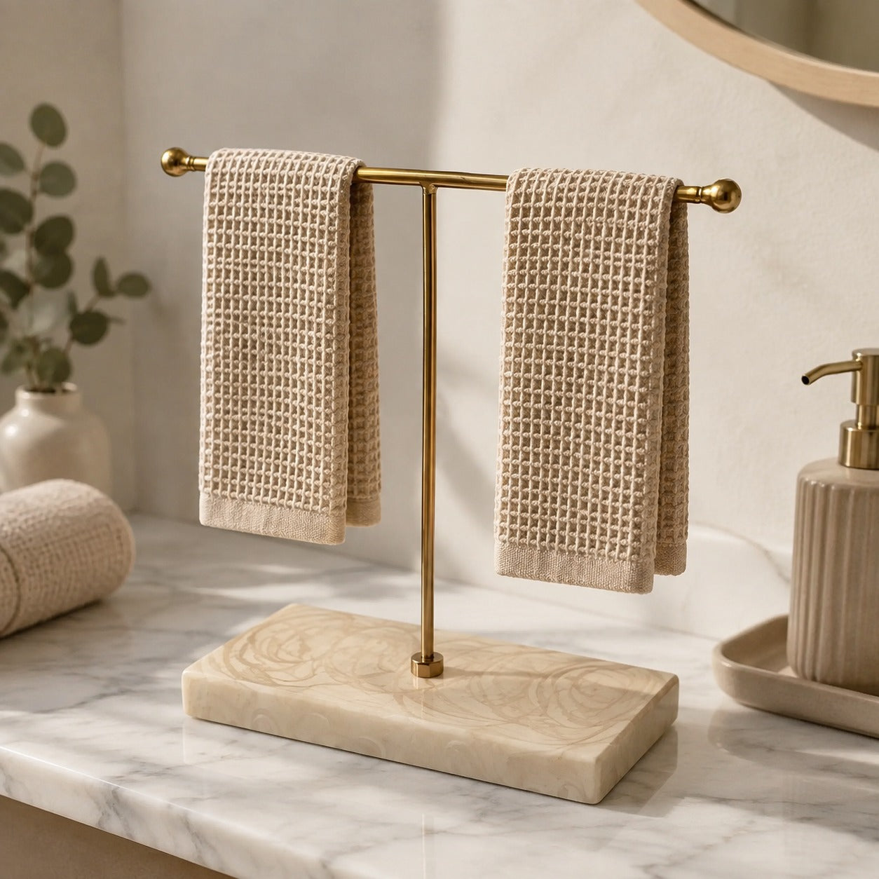 Premium Luxury Rose Gold Hand Towel Stand with Ivory Resin Marble Base