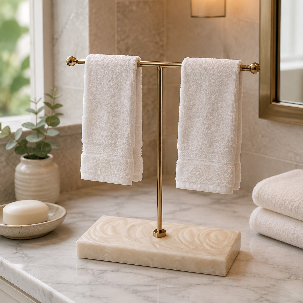  Premium Luxury Rose Gold Hand Towel Stand with Ivory Resin Marble Base 