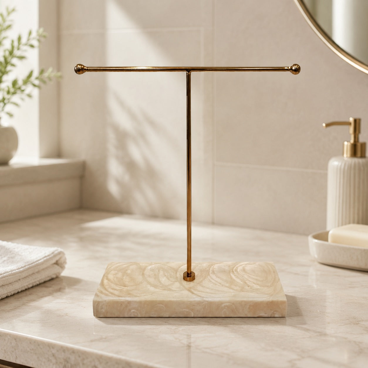  Premium Luxury Rose Gold Hand Towel Stand with Ivory Resin Marble Base 