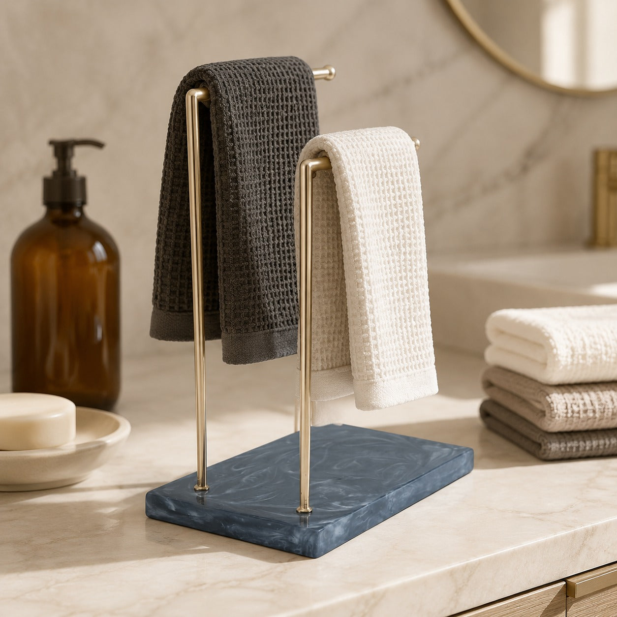  Luxury Dual Golden Metal Towel Stand With Black Resin Base 