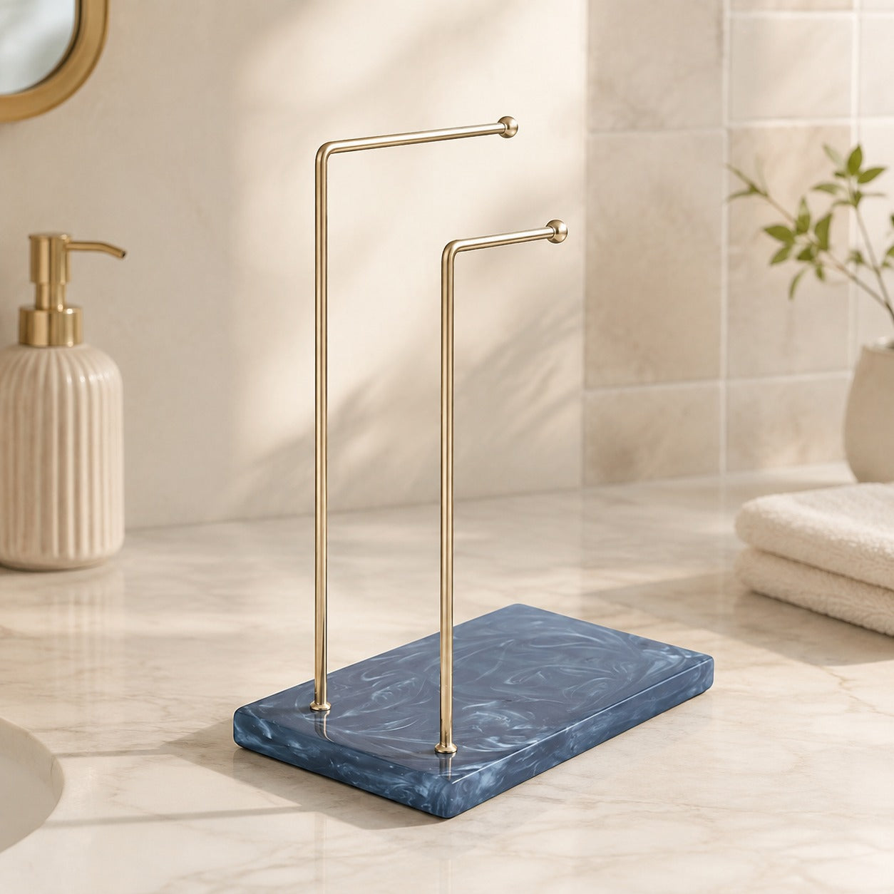  Luxury Dual Golden Metal Towel Stand With Black Resin Base 