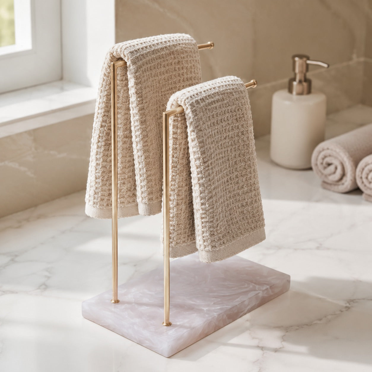 Luxury Dual Gold Metal Towel Stand With Ivory Resin Base