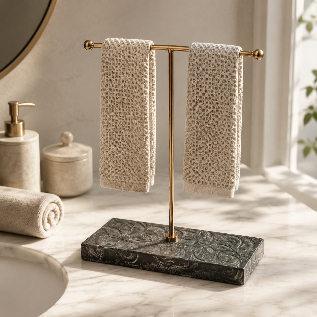 Rose Gold Hand Towel Stand with Black Marble Base