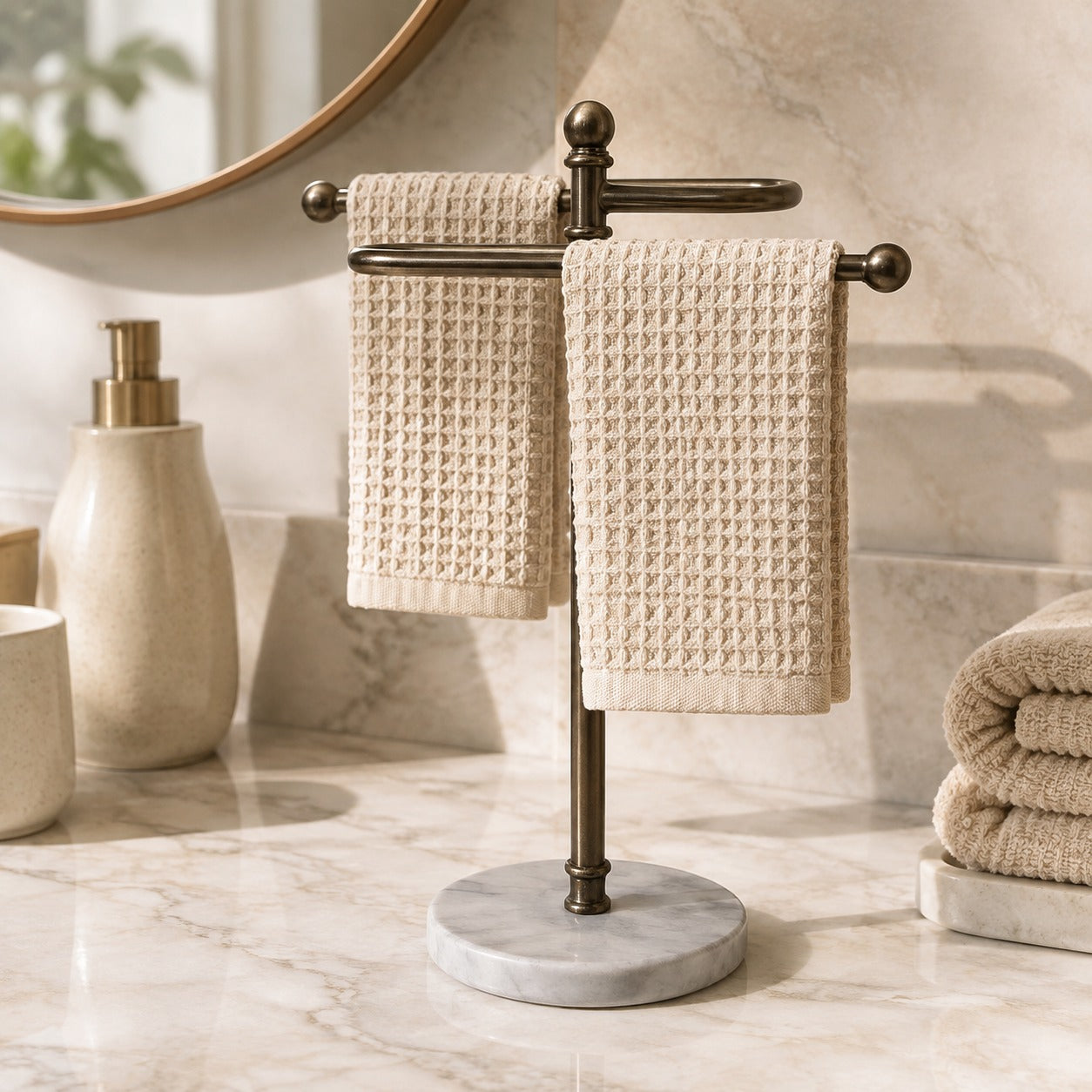 Premium Ivory Marble Coated Base with Silver metal  Hand Towel Stand