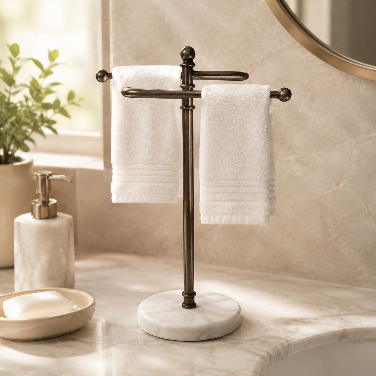 Premium Ivory Marble Coated Base with Silver metal  Hand Towel Stand