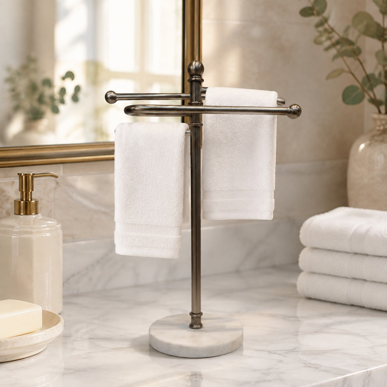Premium Ivory Marble Coated Base with Silver metal  Hand Towel Stand