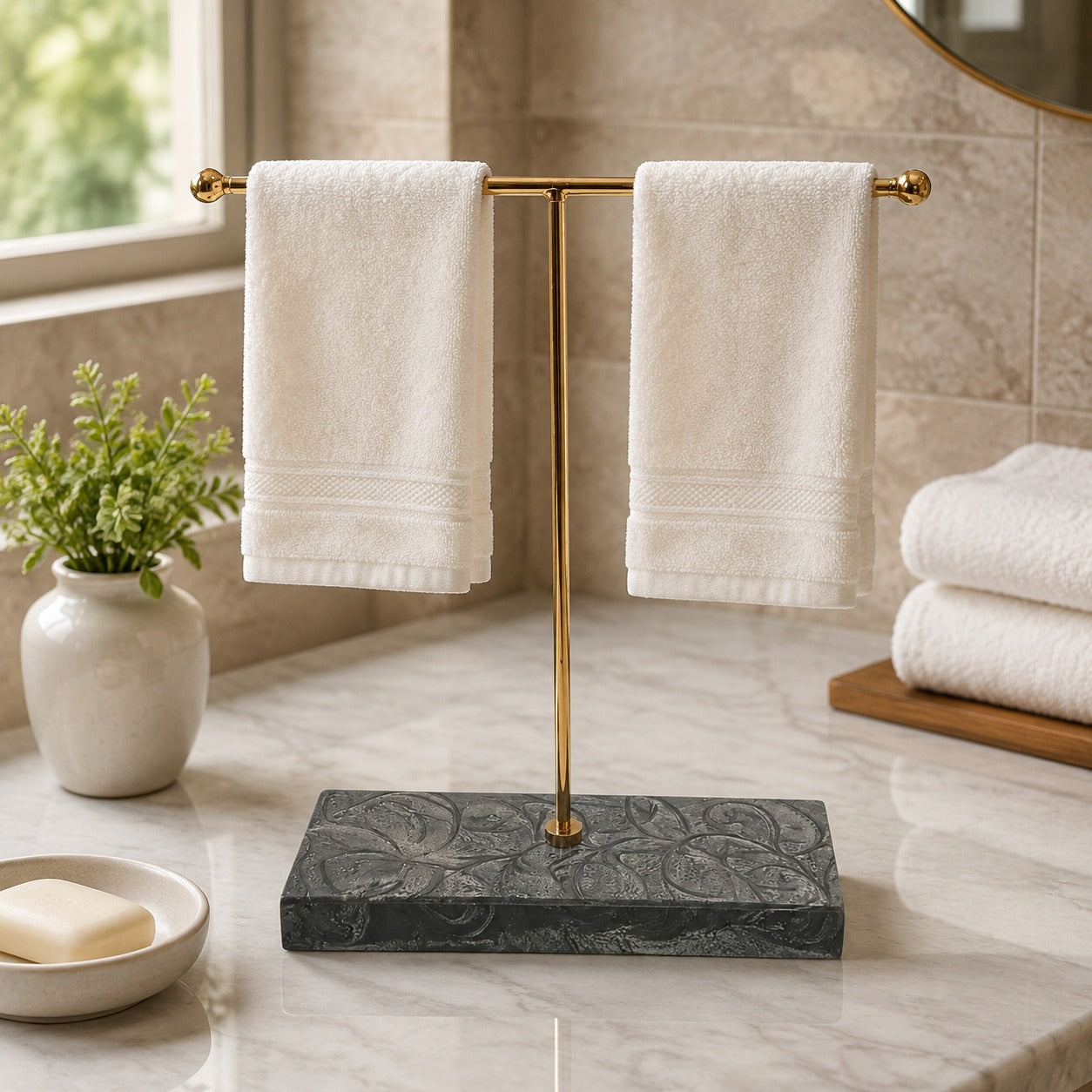  Rose Gold Hand Towel Stand with Black Marble Base 